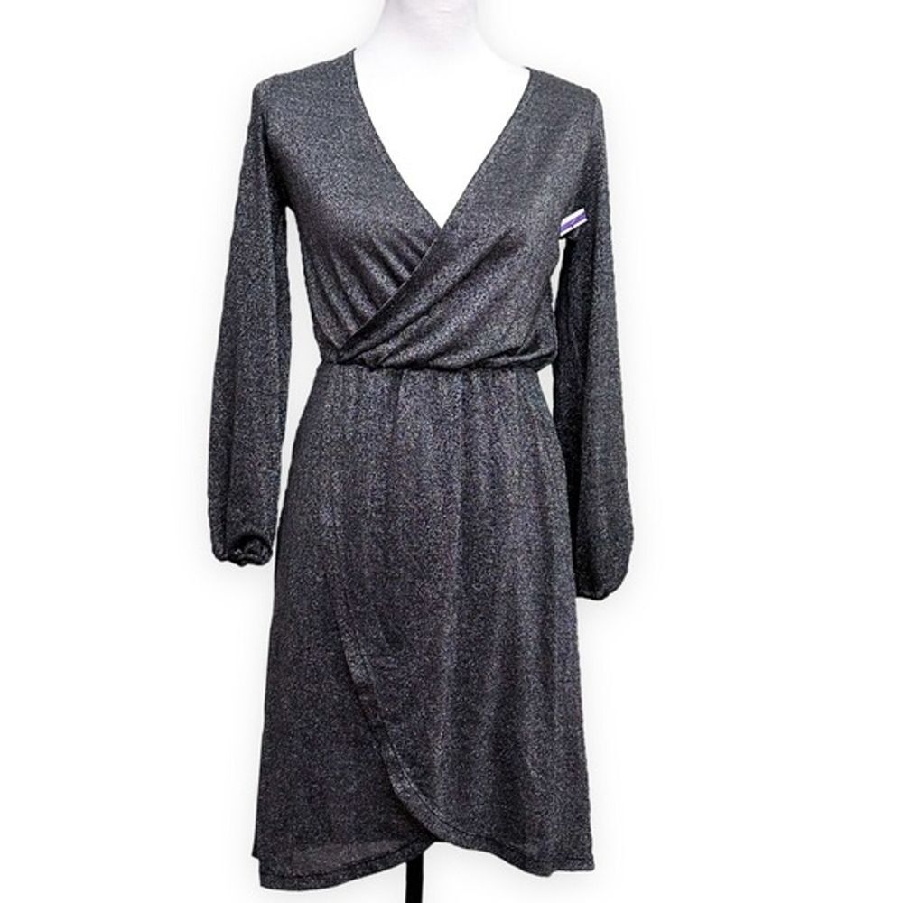 Nordstrom Halogen Dress Womens XXS Black Silver Shimmer Faux Wrap Long Sleeve